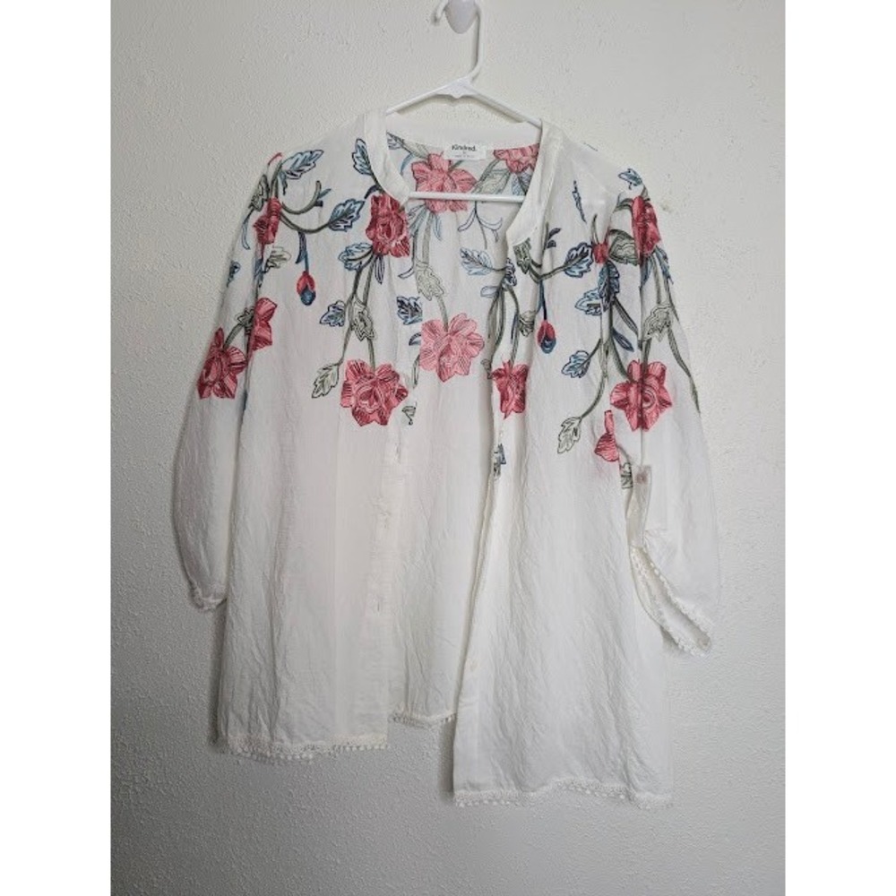 Kindred Women Floral Embroidered Kimono Cardigan XL White Pink Boho Lace Trim